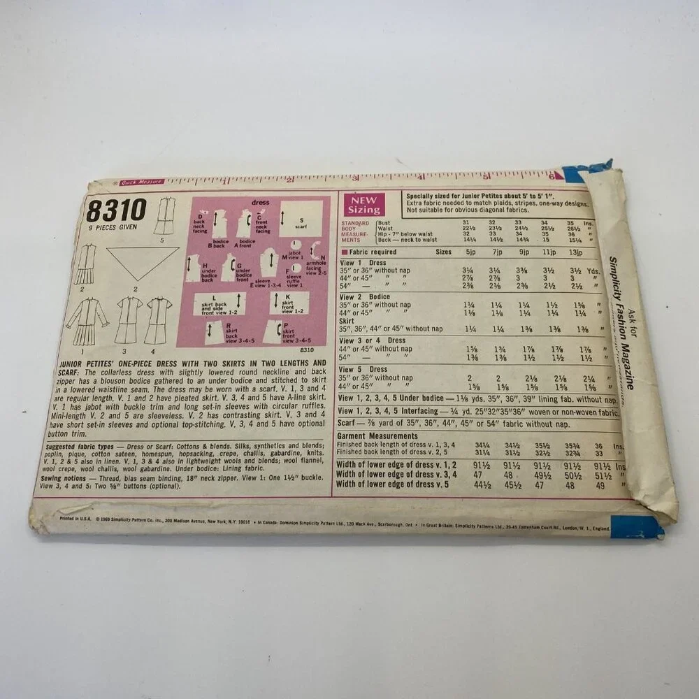 Simplicity 8310 Junior Petite Dress Skirt Scarf Size 5JP Breast 31 Vintage